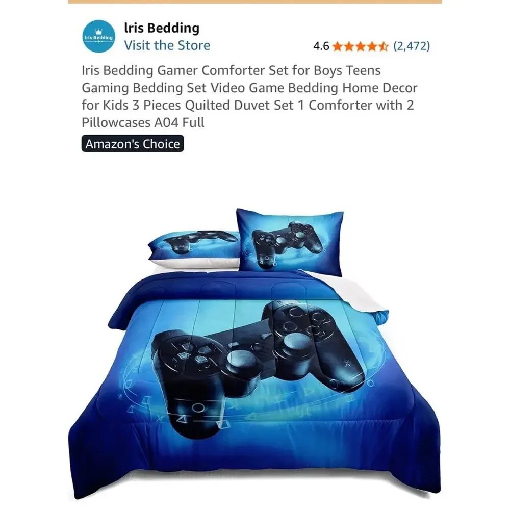 3 Pcs Full Size Bedding Set, Gaming Comforter Pillow Case Set for Boys Teens NIB